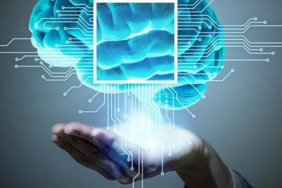 Hand holding a holographic image of an AI brain