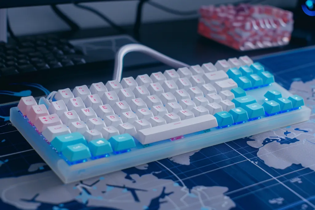 he white and blue mechanical keyboard is made