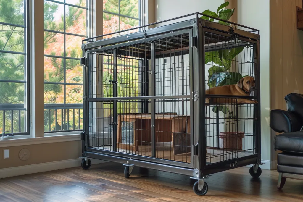 heavy-duty dog cage is made of black steel with casters