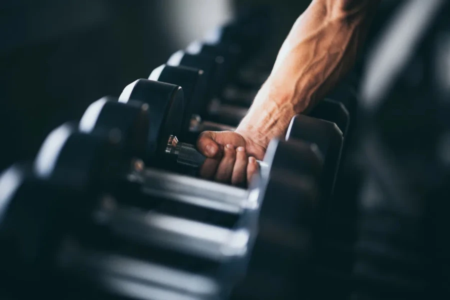 Rows of dumbbells in the gym