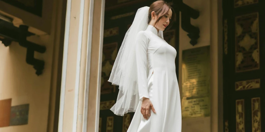 A Low Angle Shot of a Beautiful Bride in White Wedding Dress