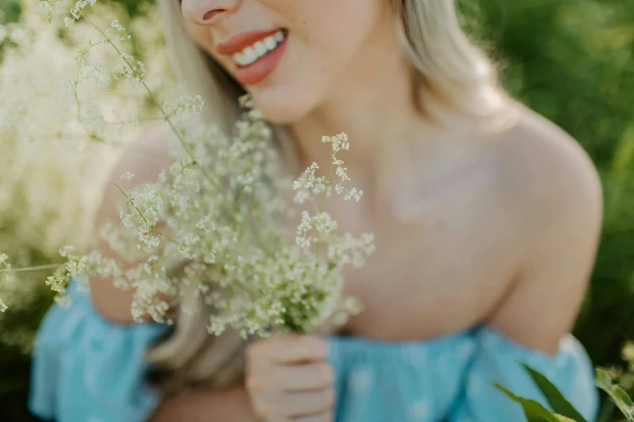 Woman in Blue Off Shoulder Tube Top