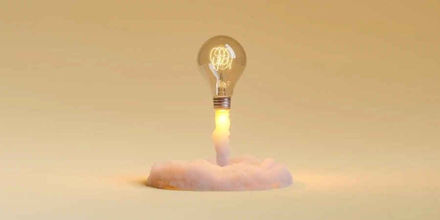 light bulb taking off and releasing smoke. concept of idea explosion, learning, education and startup.