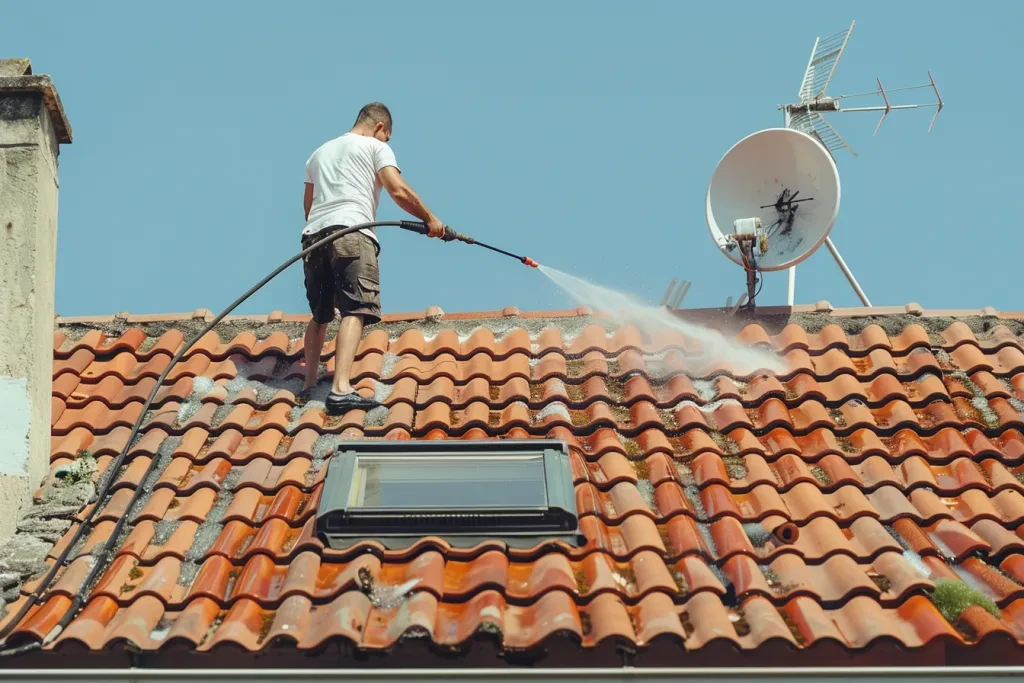 man cleaning the roof with high pressure water