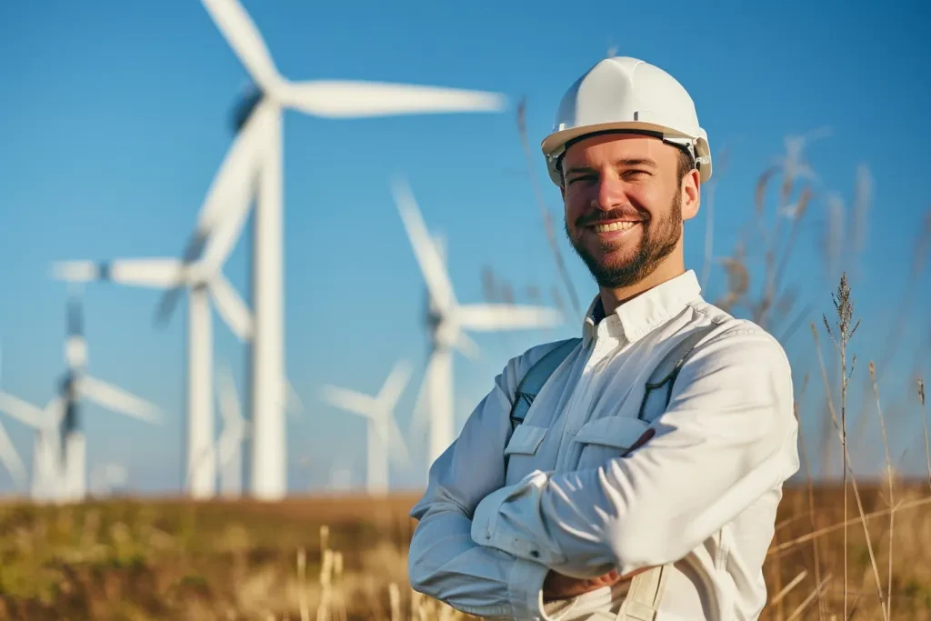 man in white helmet stands with his arms crossed against the background of wind turbines