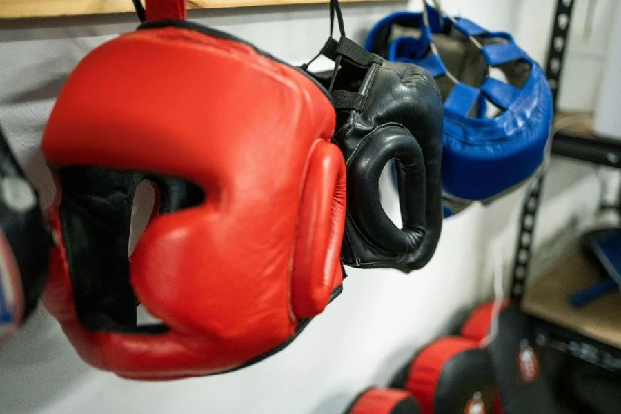 multicolored boxing helmets