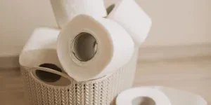 Multiple loose toilet rolls in a basket