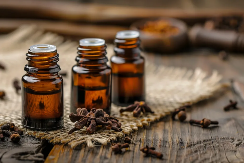 of clove essential oil in small bottles on wooden table