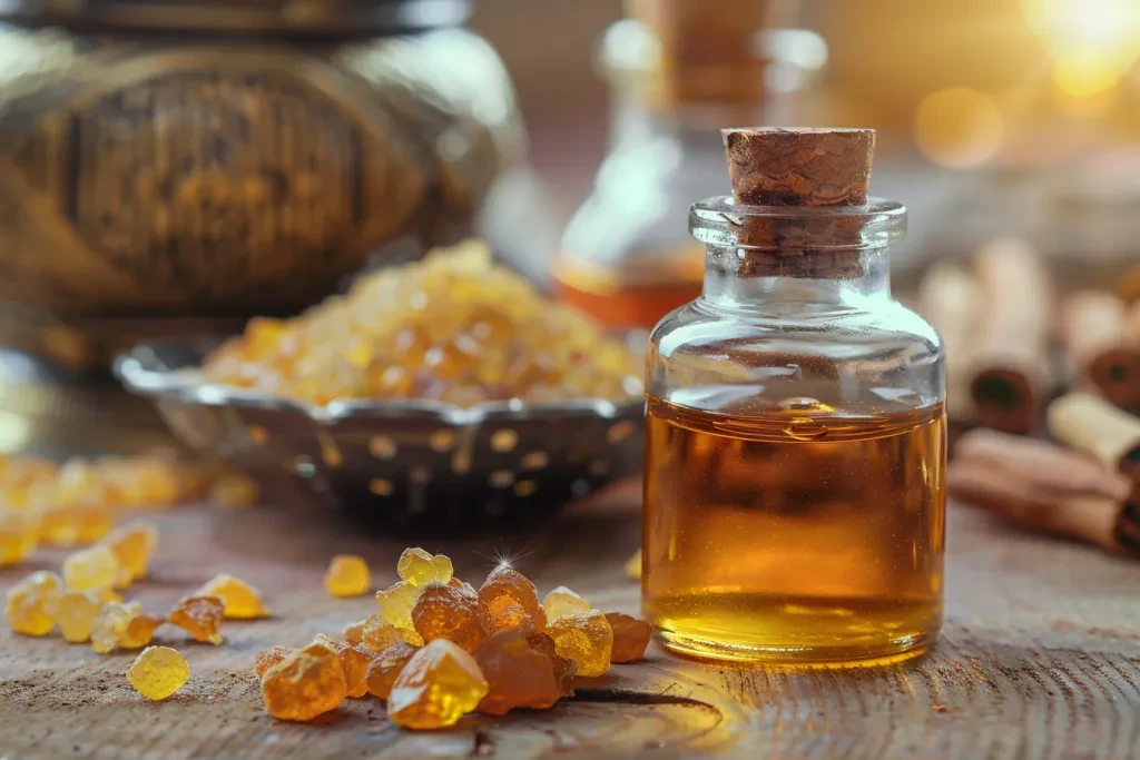 of the glass bottle of amber oil and frankincense on wooden table