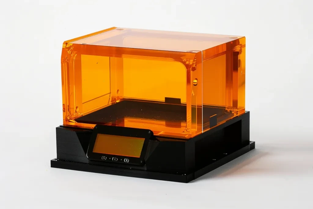 orange resin, black plastic frame and base