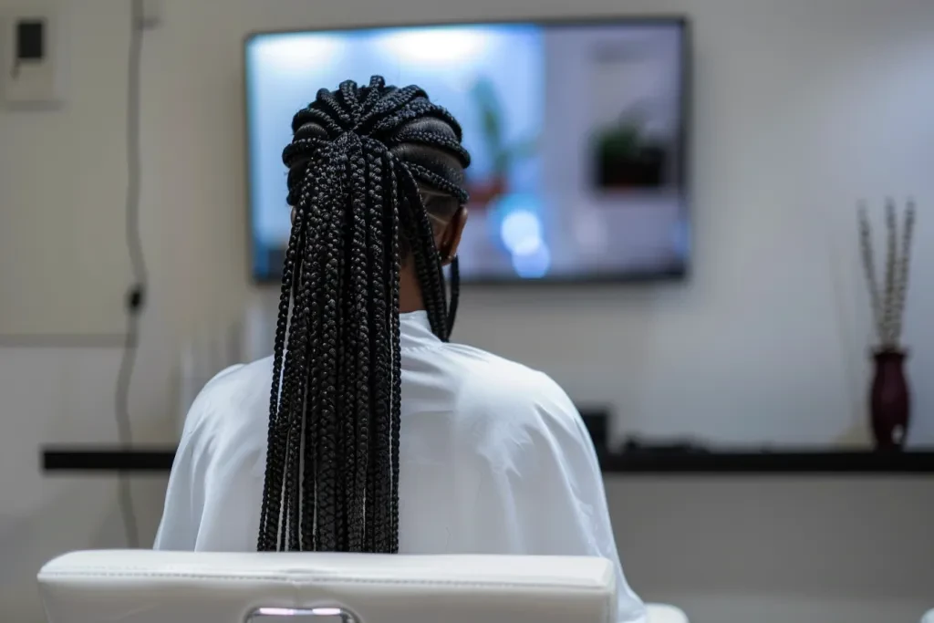 photo of a black woman sitting in a salon chair