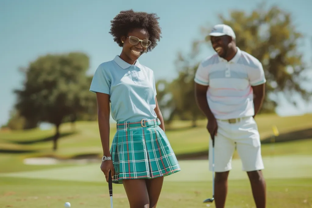 photo of happy black teen girl playing golf with her boyfriend