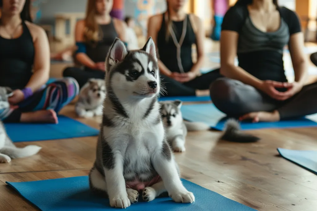 photo of people doing yoga with husky puppies