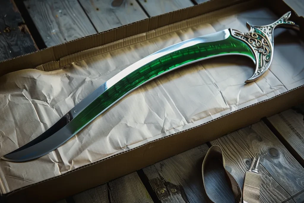 photo of real large long green and white metal scimitar