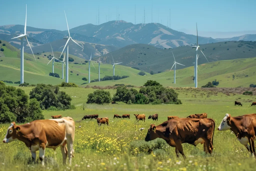 photo of wind turbines on hills in the background with cows grazing below them