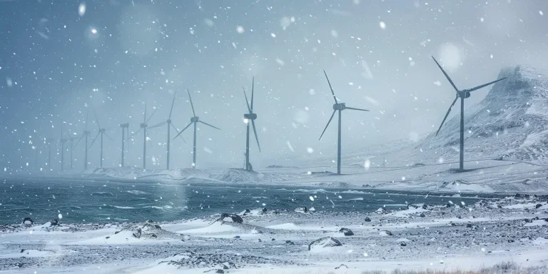 photograph of Wind turbines on the snowy shore in Norway taken
