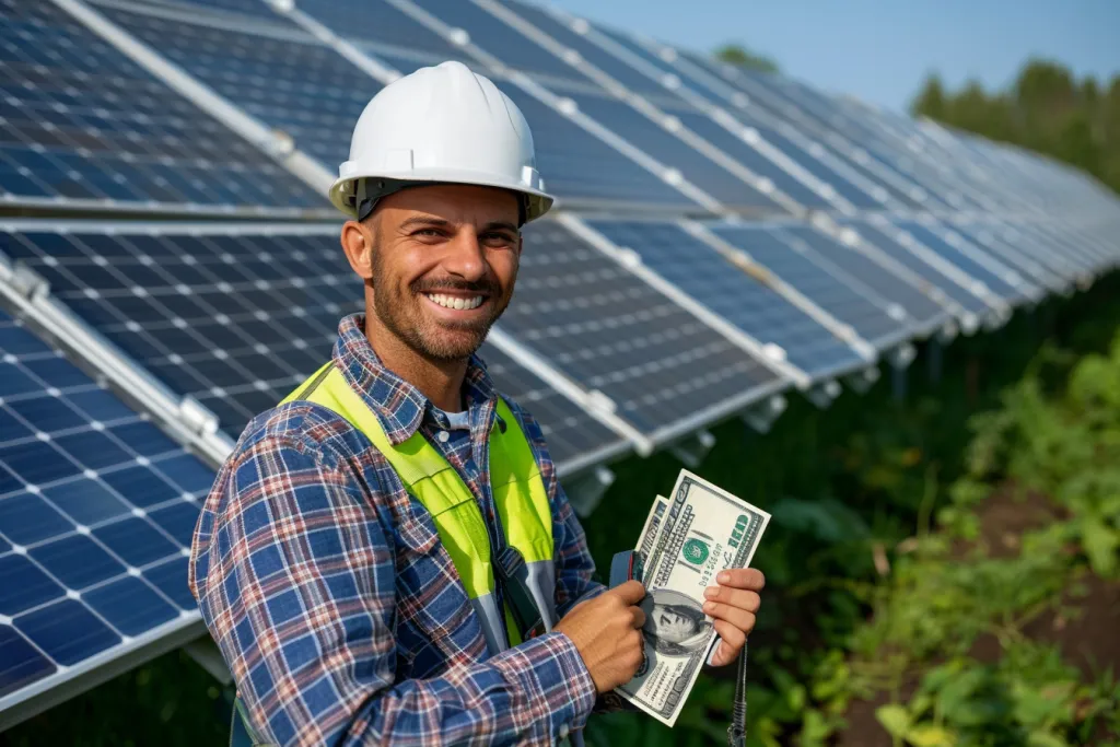 photograph of happy electrician in hard hat holding money, solar panels on roofe