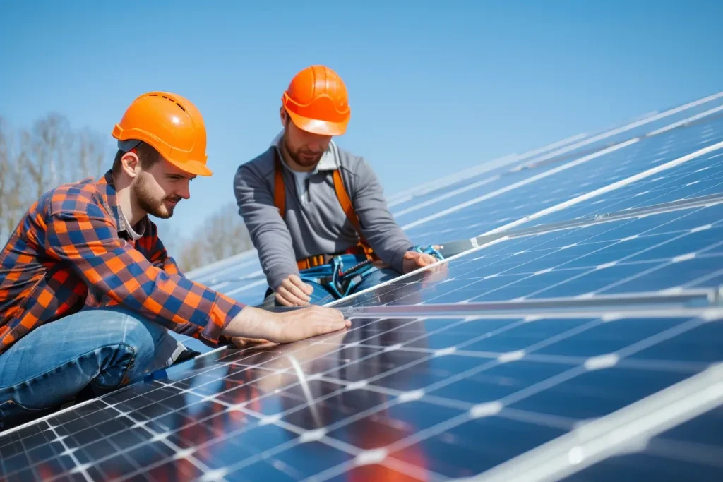 photography of two engineers working on a solar panel