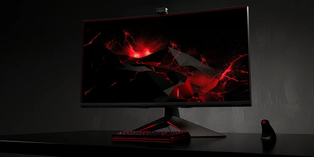 photorealistic shot of the monitor in black and red colors