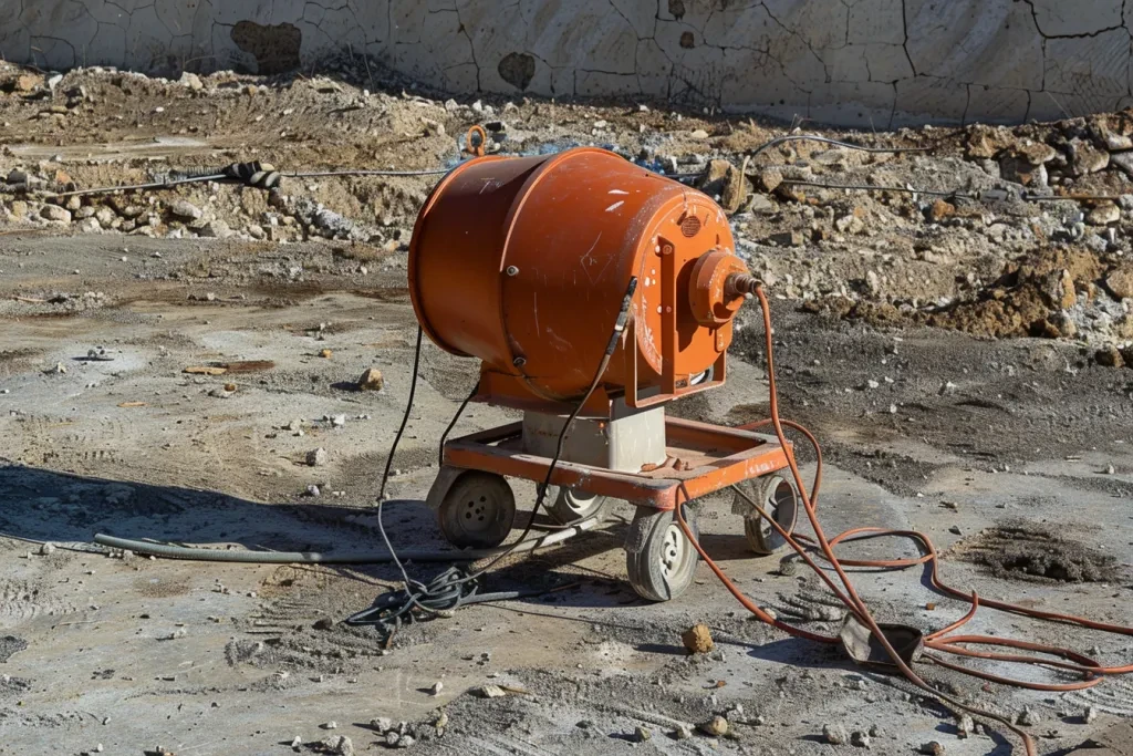 portable cement mixer on the ground with power cord attached to it