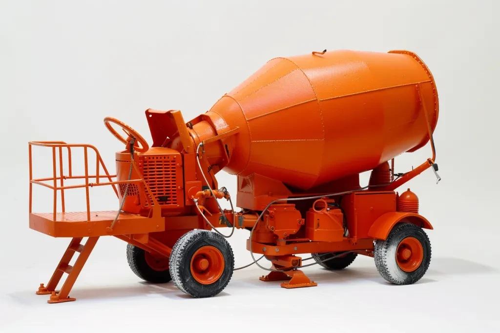 product photo of an orange cement mixer on wheels