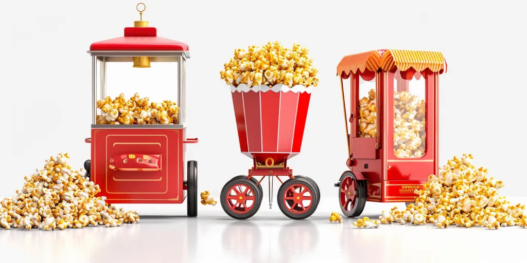 red popcorn popper machine with wheels on a white background