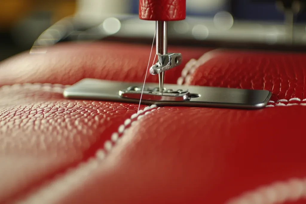 sewing machine's needle and thread stitching leather material on red color seat cover