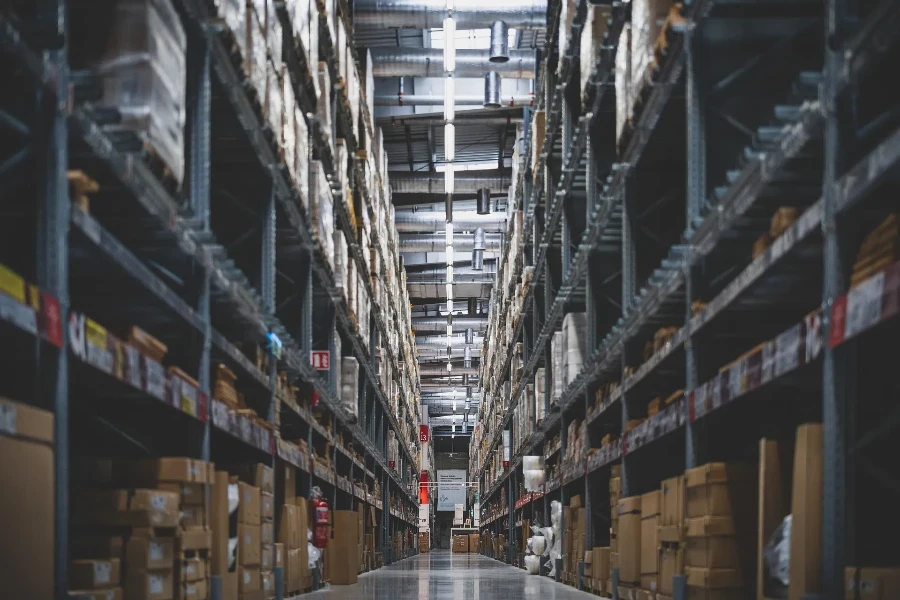 Shelves with stacks of products in a warehouse