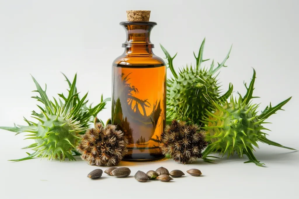 shows an amber bottle of castor oil with green spiky flowers next to it