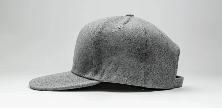 side view of plain grey snapback hat