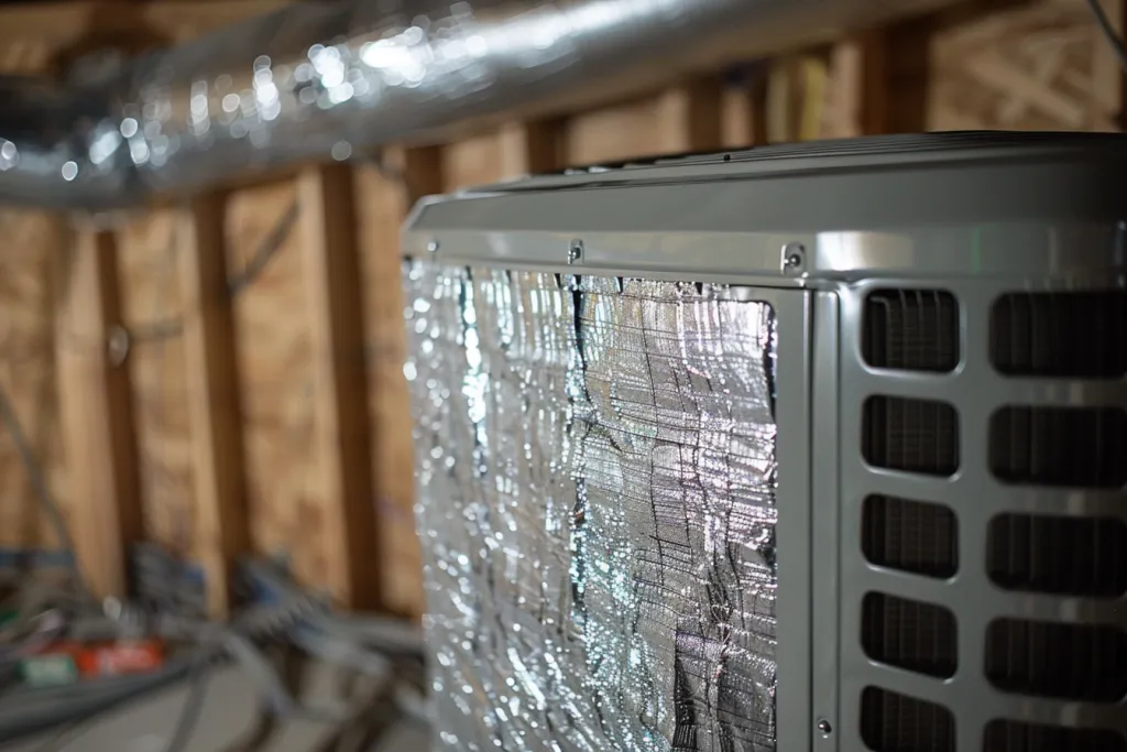 silver foil wrapped around an air conditioner in the basement