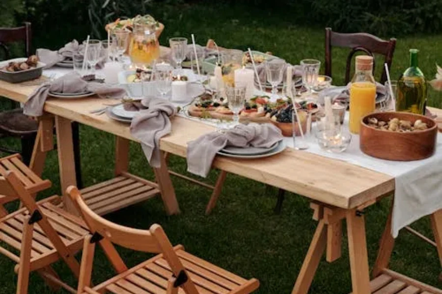 Simple wooden outdoor dining table and chairs