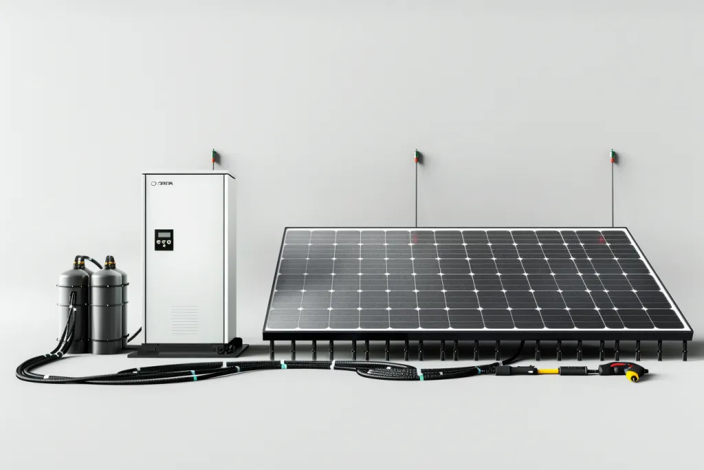 solar panel grid station with cables and battery pack
