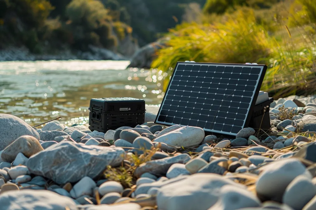 solar panel with the power in it on top of outdoor rocks and laying next to a small black portable home generator