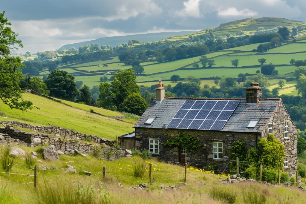 solar panels on the roof of an old stone house in north wales with green rolling hills behind