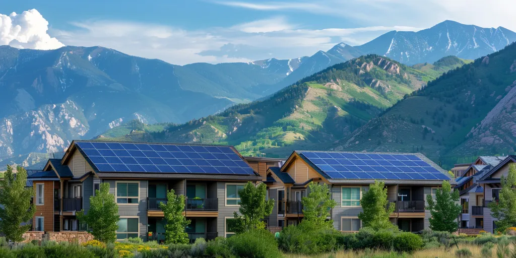 solar panels on the roof of an urban home with mountains in the background