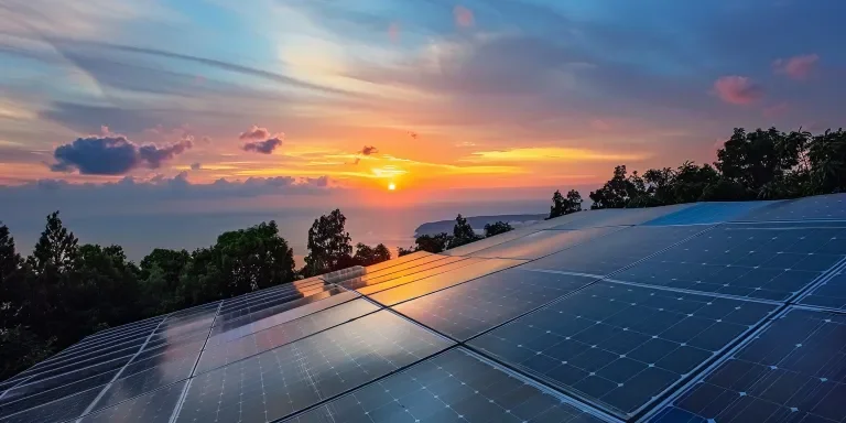 Paneles solares en el techo con una hermosa puesta de sol al fondo.