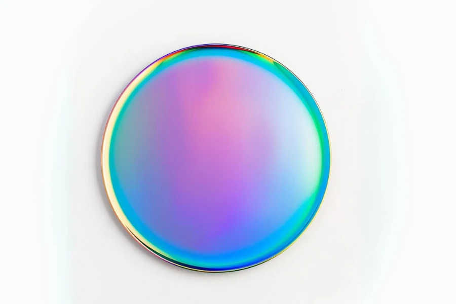 stainless steel plates come in cool colors like an iridescent rainbow or shiny blue. 