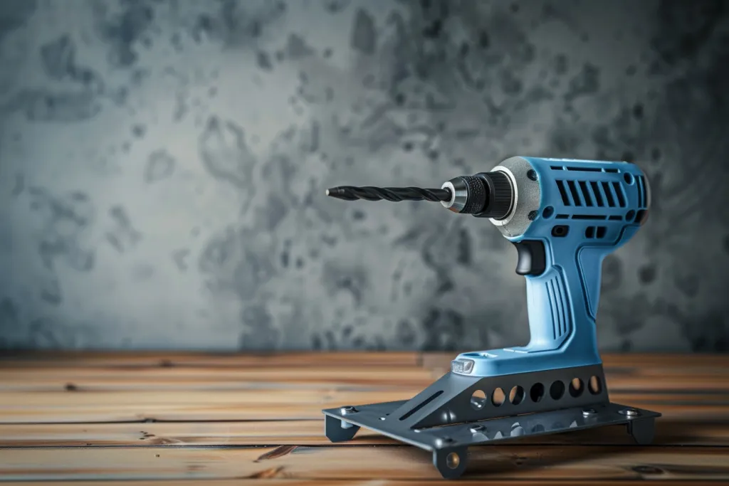 table top standing holder for power tools on wooden surface