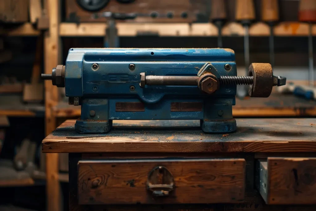 the blue bench vise is mounted