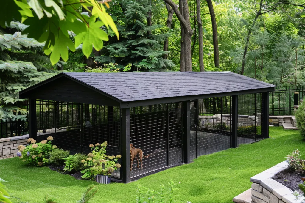 the dog pen with black cover is shown