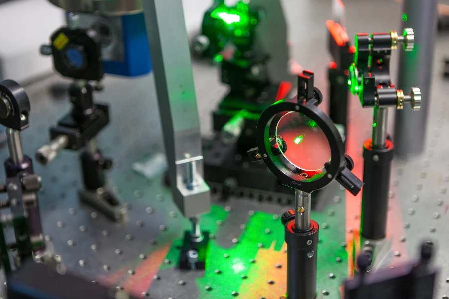 the study of lasers on the test bench in the science lab optical testing