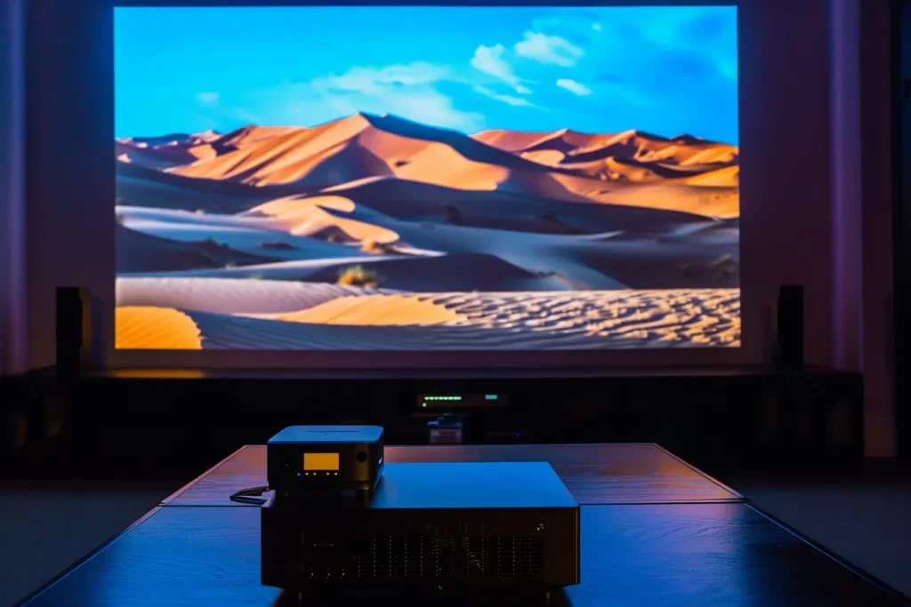 there is an LED projector on top of a black wood table in front of a wall with a large screen