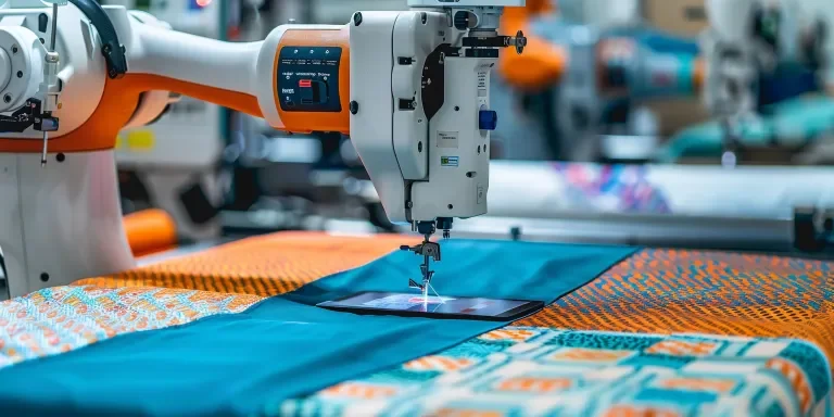 Hay una máquina de coser industrial con grandes brazos robóticos.