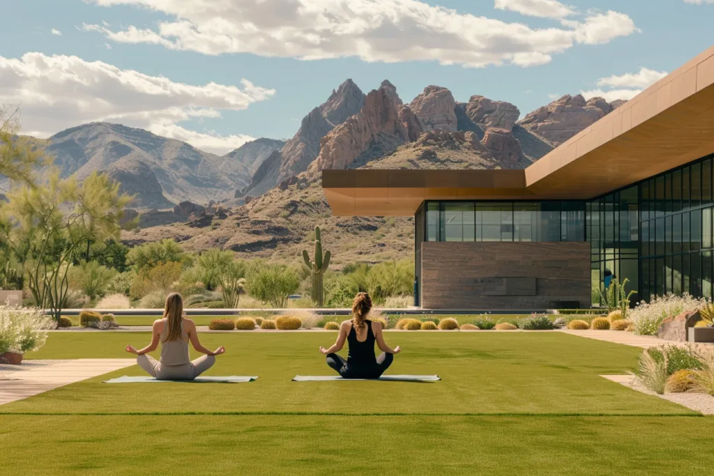 three people doing yoga on the lawn of an outdoor spa in scott peggy