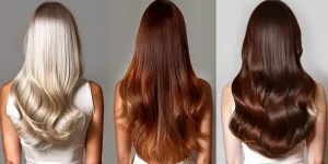 three photos of long hair with different colors