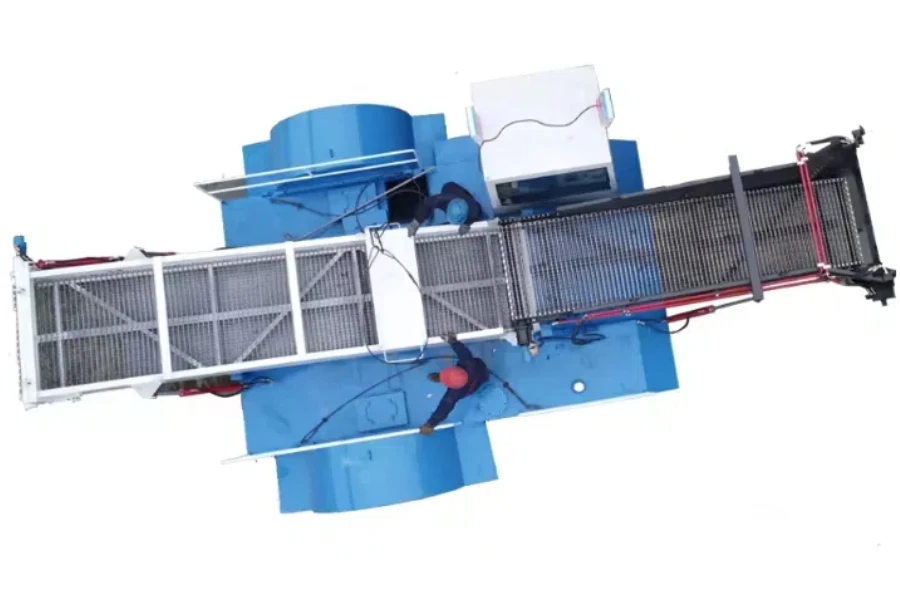 top view of an aquatic harvester showing conveyor belts