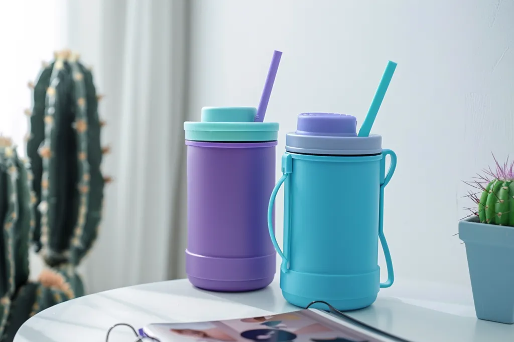 two cute and colorful color steel water bottle with straw on table