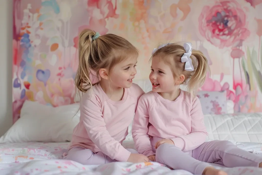 two cute girls wearing pink long johns