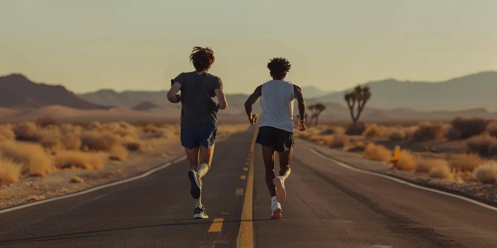 two men running on the road in the desert wearing plain dark grey